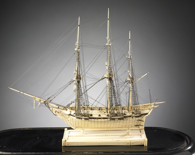 Bone Model of a Single Deck Ship Carrying 16 Guns with Rakish Lines