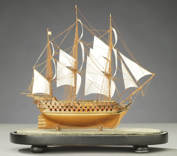 Miniature Wood Ship Model of a Frigate with Ivory Sails