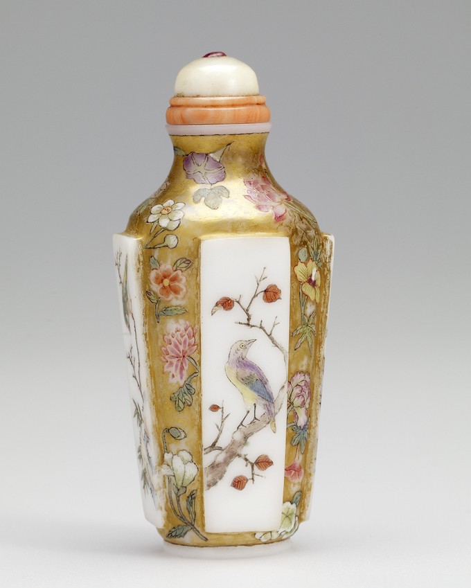 Snuff Bottle, with painted bird and floral design on gold ground