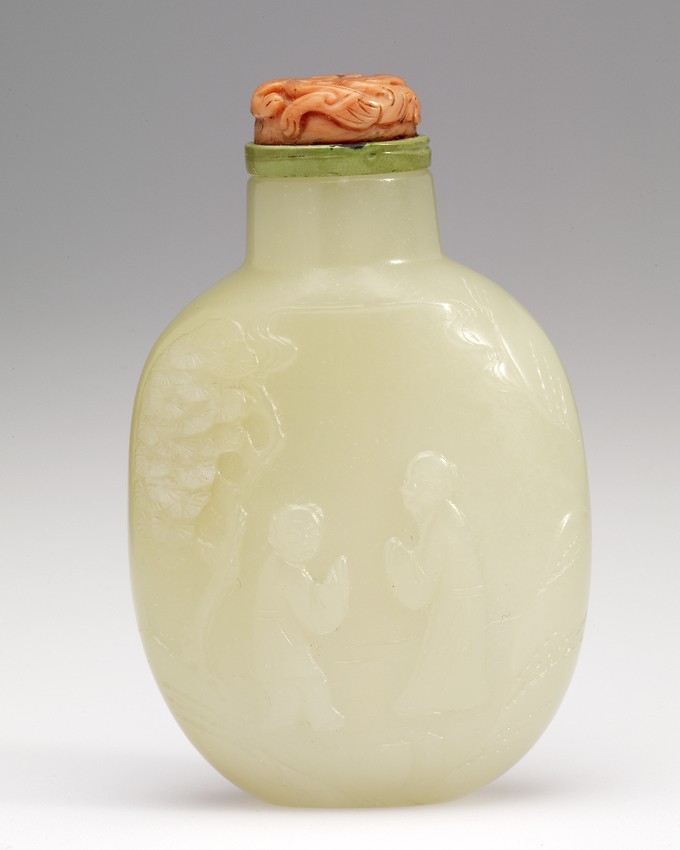 Snuff Bottle, with carved figures under a pine tree