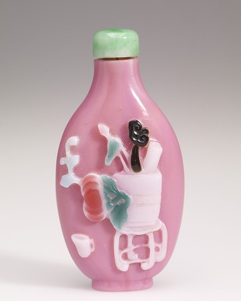 Snuff Bottle, with overlay depicting fruits, flowers and scholarly objects