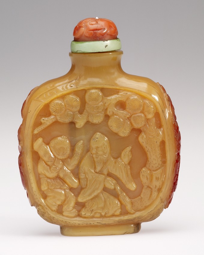 Snuff Bottle, with carved sage and attendant