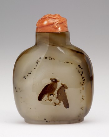 Snuff Bottle, with two carved birds