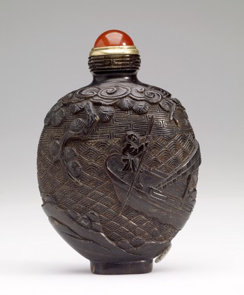 Snuff Bottle, carved boating scene with a scholar and his guests