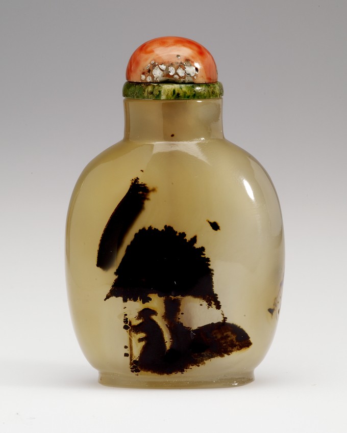 Snuff Bottle, with carved silhouette of a sage under a tree