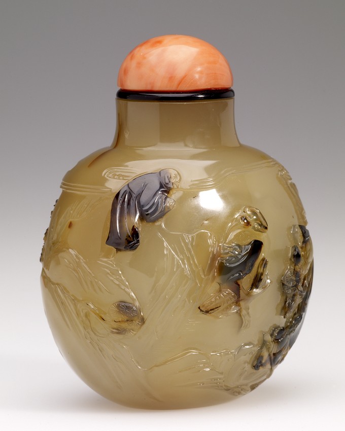 Snuff Bottle with Birds and Four Figures