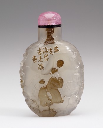 Snuff Bottle, with carved scholar and attendant painting rocks