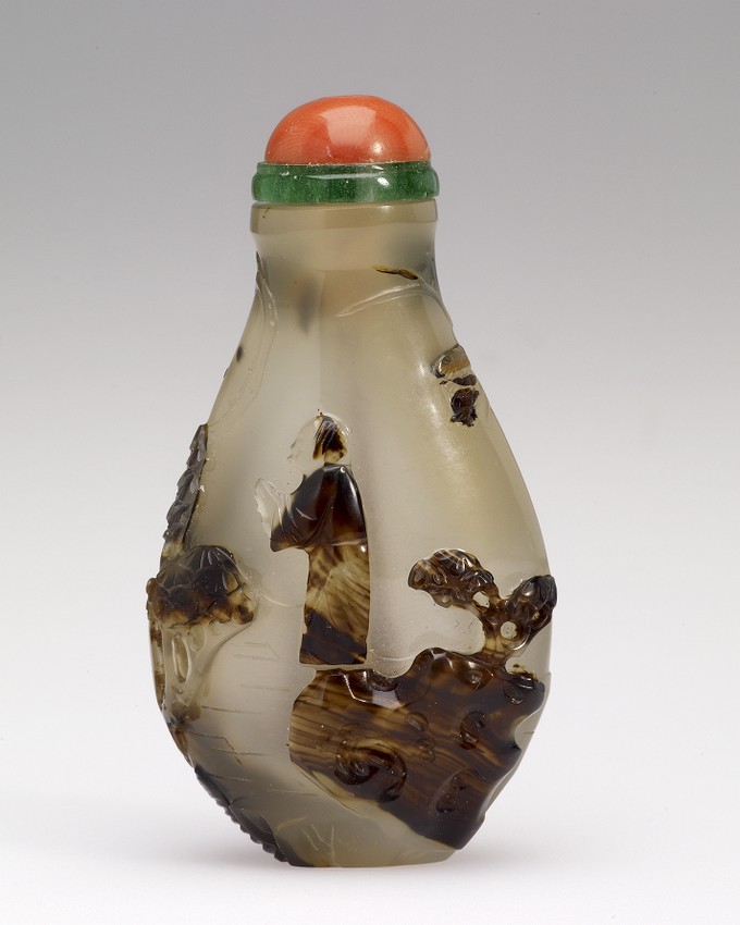 Snuff bottle, with carved depiction of sage and crane
