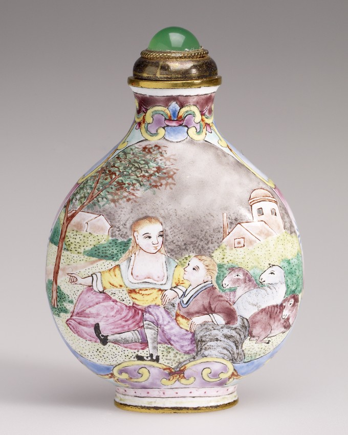 Snuff Bottle, with depiction of Europeans with animals in a rural setting