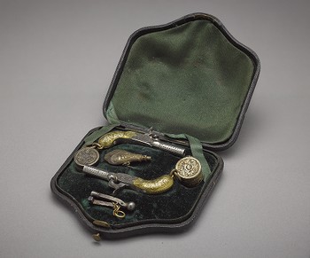 Miniature Duelling Set with Two Pistols and Powder Flask