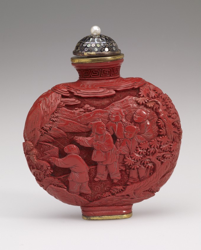 Snuff Bottle, with carved depiction of children in a garden