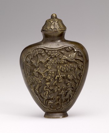 Snuff Bottle in Bronze with two Monkeys, a Deer, a Butterfly and Buddhist Symbols