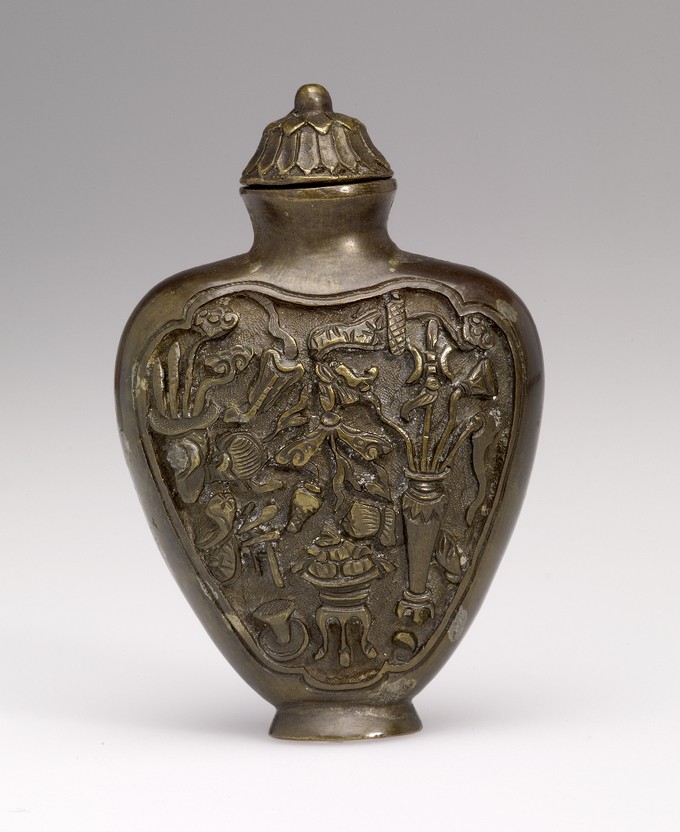 Snuff Bottle in Bronze with two Monkeys, a Deer, a Butterfly and Buddhist Symbols
