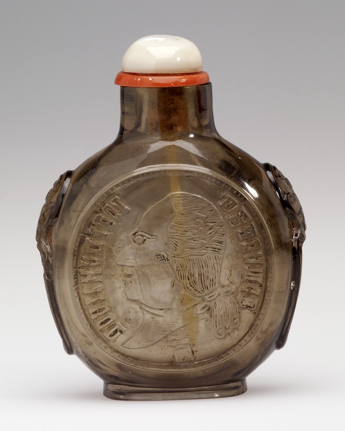 Snuff Bottle carved with a  Spanish coin on each side