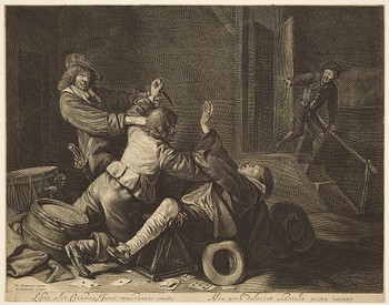 Three Men Struggling in an Interior
