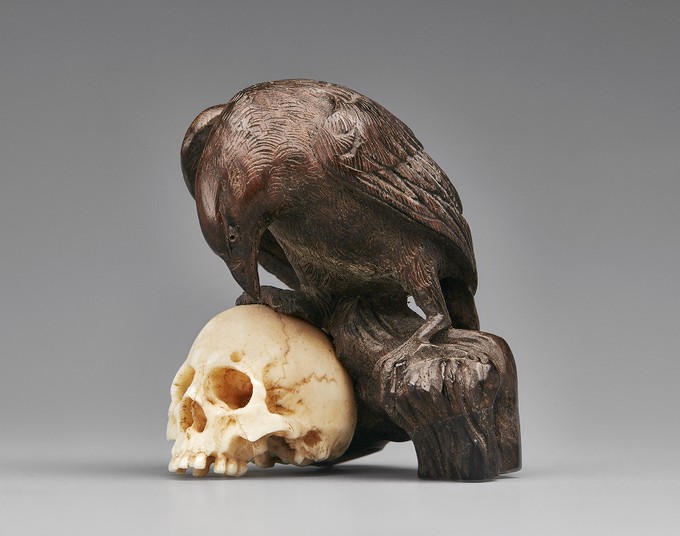 Netsuke Raven Perched on a Skull