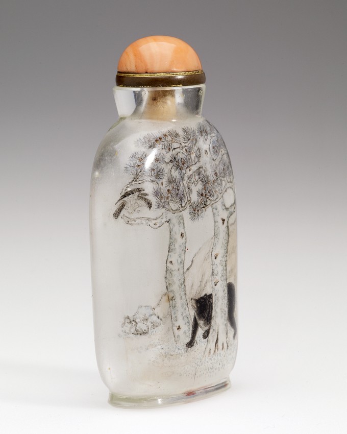 Snuff Bottle, with inside painting of bear and trees