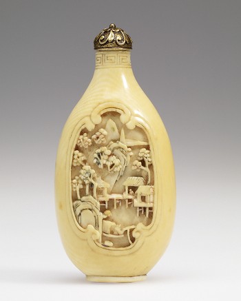 Snuff Bottle, with carved depiction of waterside dwellings and figure in sampan