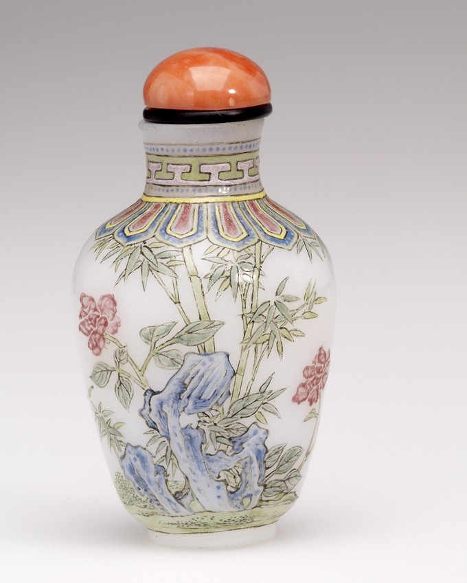 Snuff Bottle, with enamelled flowers, rocks and bamboo