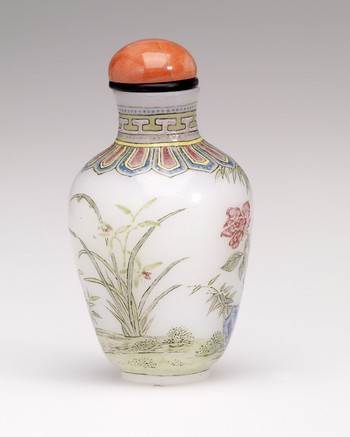 Snuff Bottle, with enamelled flowers, rocks and bamboo