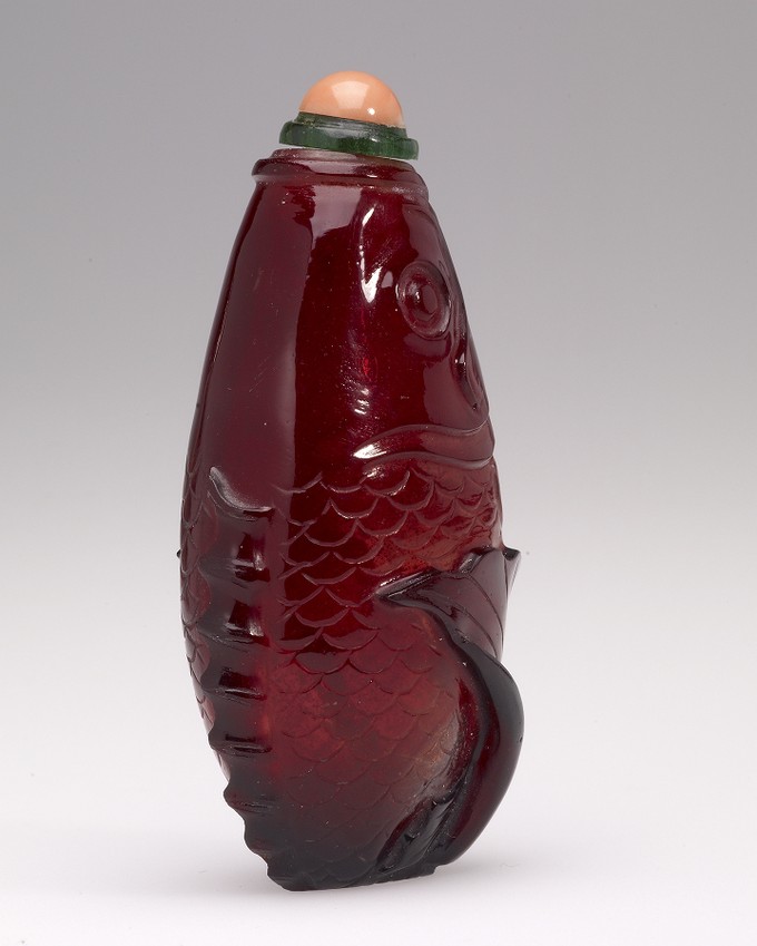 Snuff Bottle, with carved fan-tailed carp