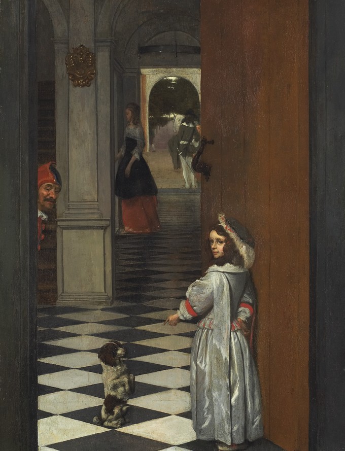 View into a Hall with a Jester, a Boy and his Dog