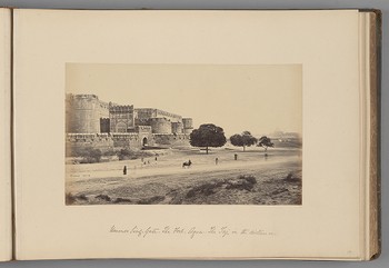 [Ummer Sing Gate; The Fort at Agra, with the Taj Mahal in the distance]   from Indian Views