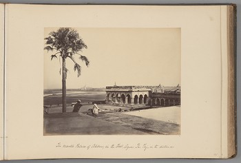 [The marble Palace of Akbar in the Fort at Agra, with the Taj Mahal in the distance]   from Indian Views