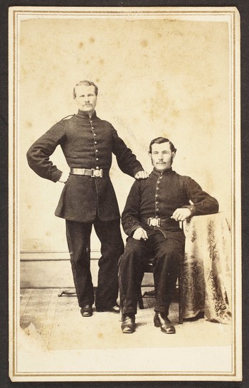 Charles Robert Peterkin (1841-1932) and Billy Bailey [Theresa Bywater Peterkin’s father and his fellow combatant iniform of the Queen's Own No.5 Company Regiment]