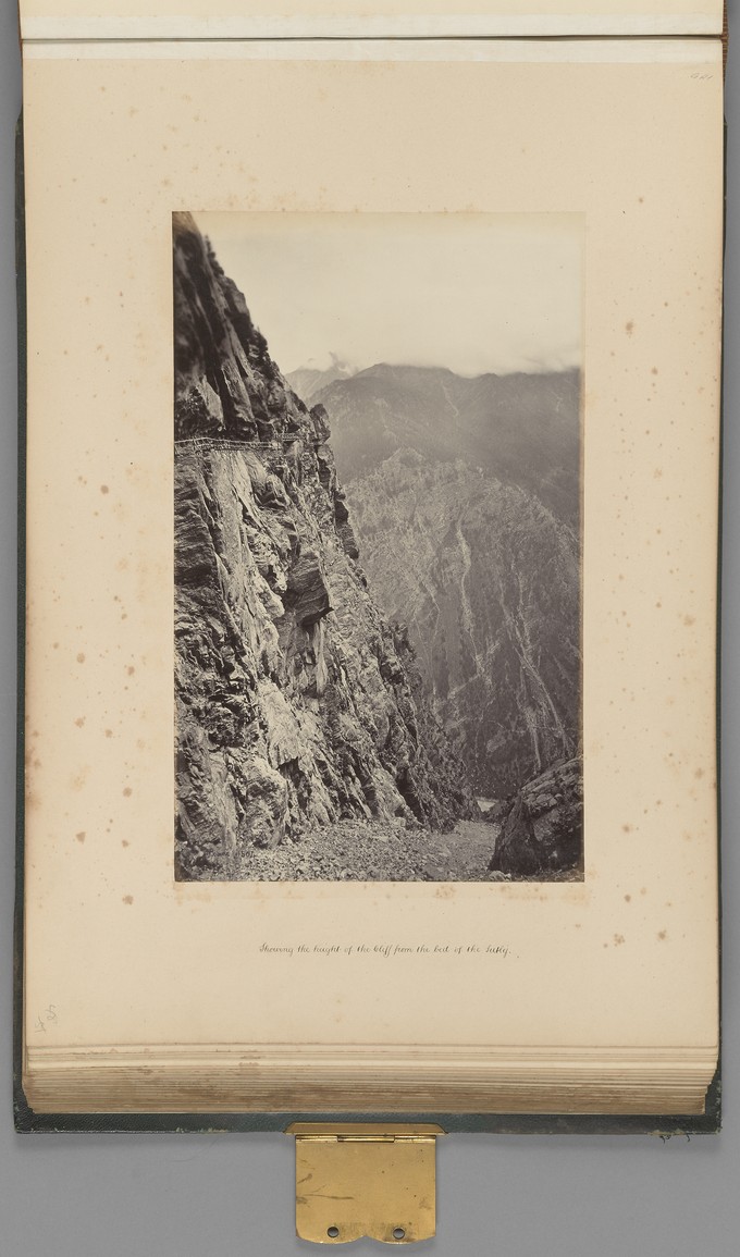 [The Cliff at Rogi, showing the height of the Cliff from the bed of the Sutlej]   from Himalayas