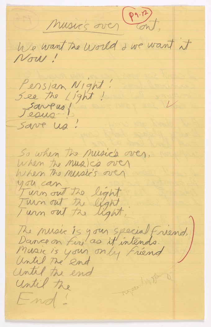 Original lyrics for "When the Music's Over" and "I Can't See Your Face in my Mind"