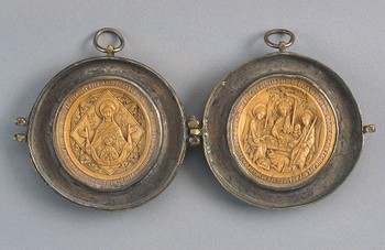 Container for Consecrated Communion Wafers: Virgin Oranta, and the Three Angels Welcomed by Abraham