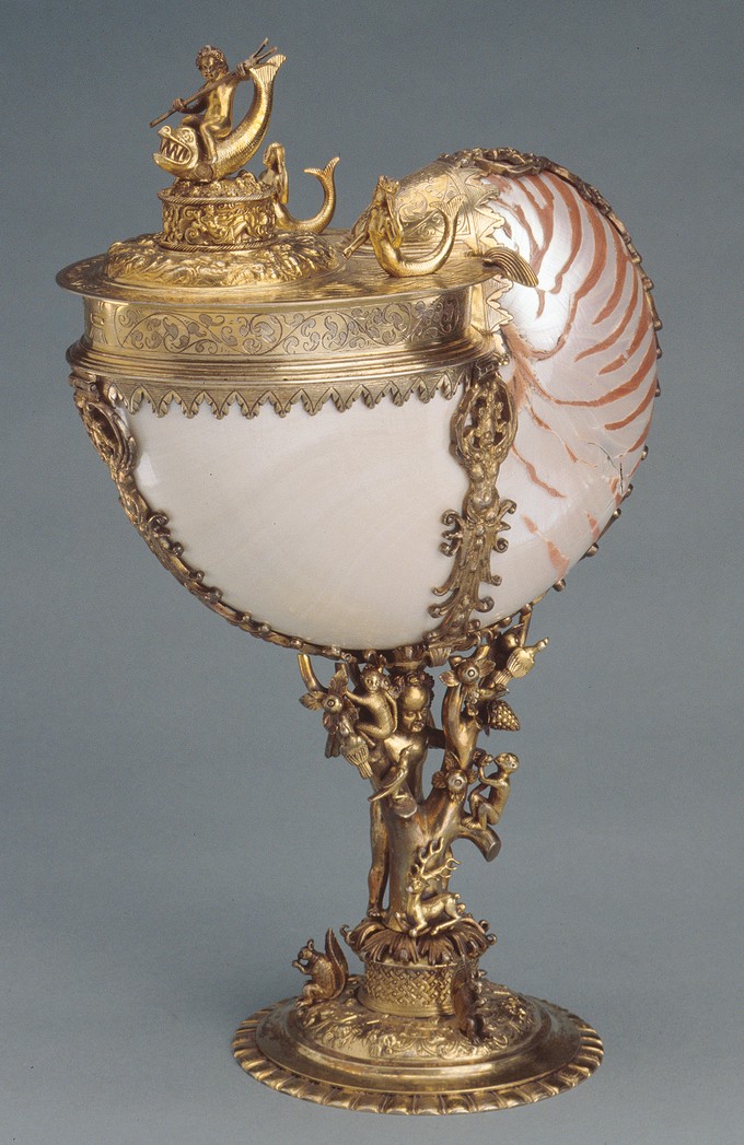 Nautilus Cup and Cover: Neptune, Tree Stem with Child and Animals