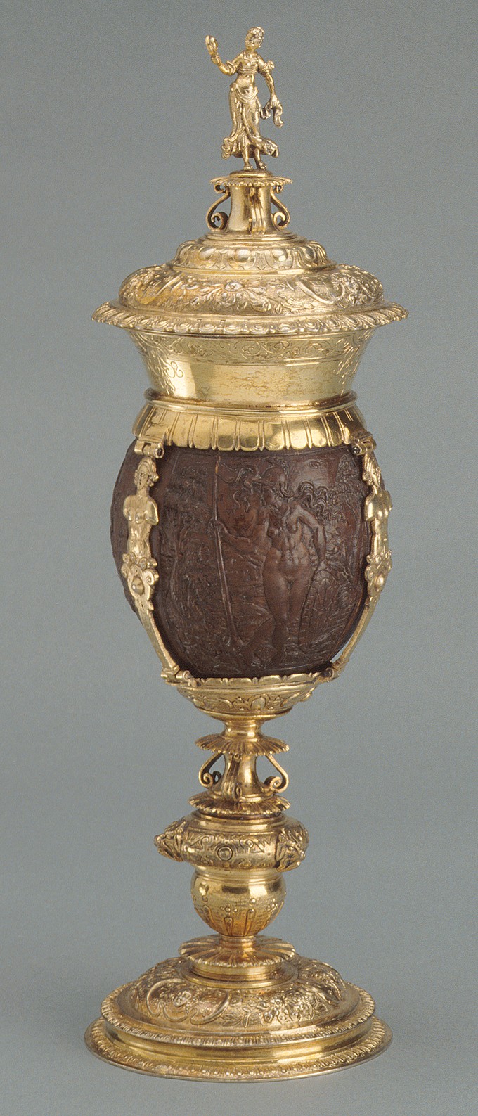 Coconut Cup and Cover: Venus Vulgaris and Chastity separated by Wisdom, and Prudence