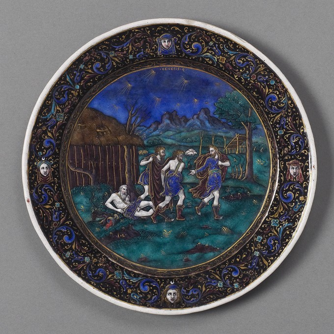 One of a Set of Twelve Plates: Scenes from Genesis [The three sons of Noah about to cover up their father who lies drunk on the ground]