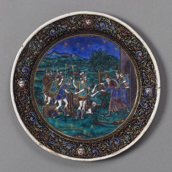 One of a Set of Twelve Plates: Scenes from Genesis [Melchizedek handing bread and wine to Abraham and his army]