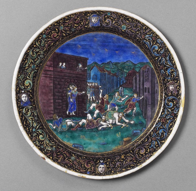 One of a Set of Twelve Plates: Scenes from Genesis [Lot and the two angels striking the Sodomites with blindness]