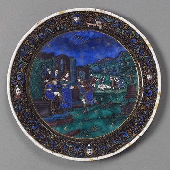 One of a Set of Twelve Plates: Scenes from Genesis [Abraham and Sarah before Abimelech who gives them money and herds]