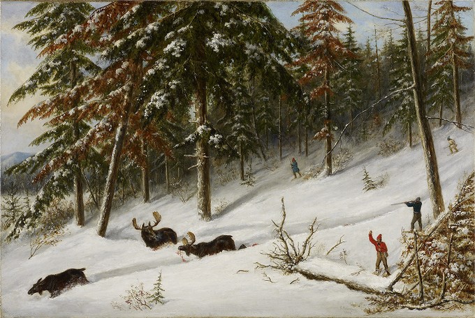 Huntsmen Shooting Moose in Winter