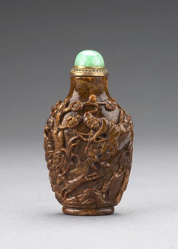 Snuff Bottle, with carved hunting scene